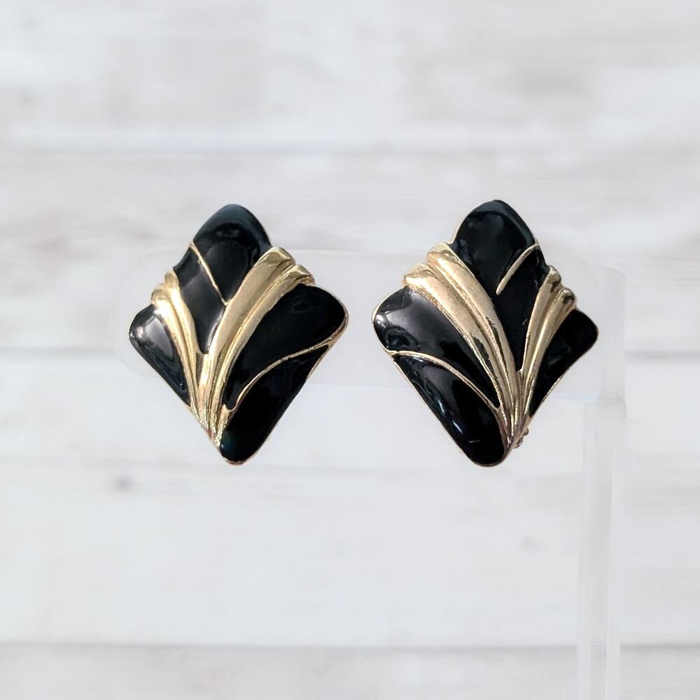 Vintage Clip On Earrings Large Chunky Black & Gold Tone Classy Statement